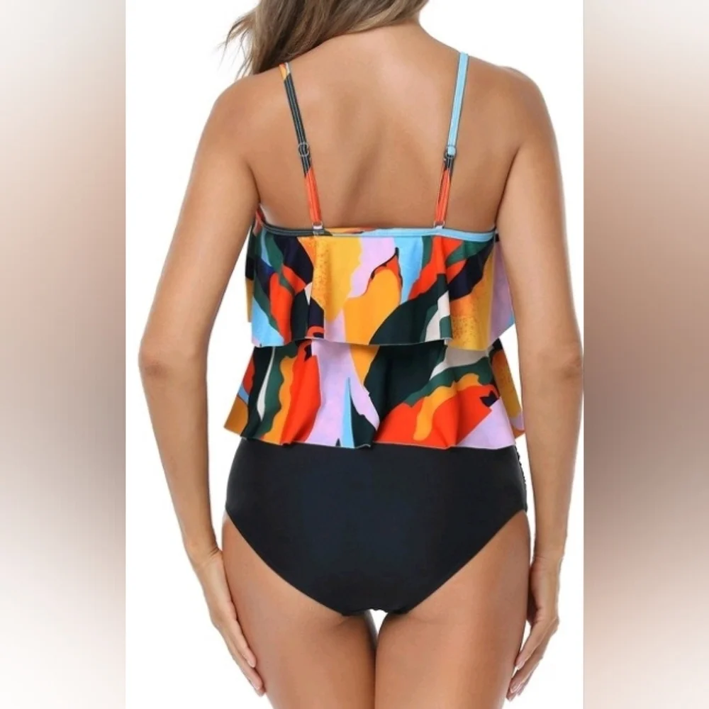 New! Missky Womens Small vibrant colors ruffle layered tankini swim suit